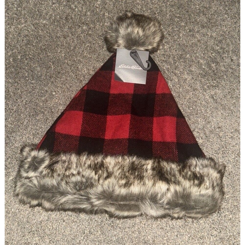 Eddie Bauer Buffalo Check Plaid Scarlet Santa Pom Pom Fur Beanie Hat Size S / M